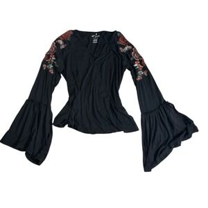 American Eagle Black Long Sleeve Top Embroidered Roses Bell Sleeves Small